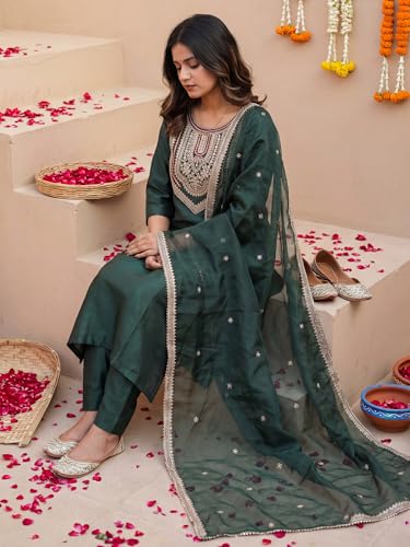 Image of INDO ERA Women's Cotton Solid Straight Kurta Palazzo With Dupatta Set