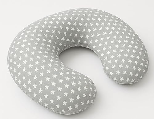 Babymam Feeding Pillow for Baby and Mum – Nursing Cushion with Removable 100% Cotton Cover – U-Shaped Breastfeeding Support – Stars with Grey