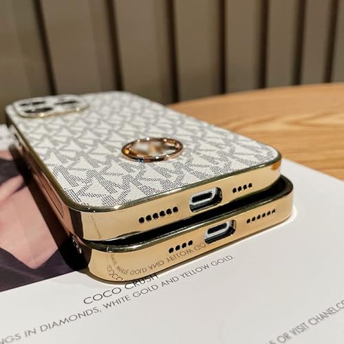 Jarom Luxury Phone Case For Designer Iphone 14 Pro Max Case 6.7", Pu Leather With Electroplated Gold Glitter Trim, Camera Cover Protective Shockproof Cute Vintage Classic Monogram Pattern White #TOP4