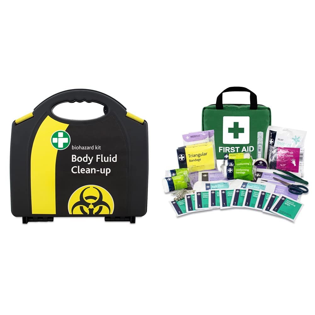 Reliance Medical - Biohazard Body Fluid Clean-Up Kit - 2 Single Application Packs- Black/Yellow Wall Mountable Box & Lewis-PLAST Premium First Aid Kit, 90 Count (Pack of 1)