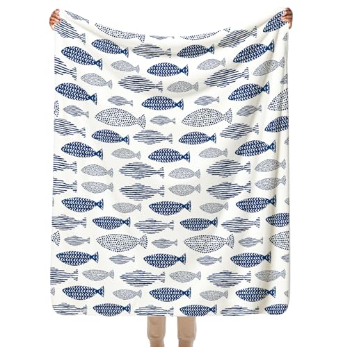 SPBL&L Coastal Beach Fish Blanket Blue and White Nautical Ocean Fish Throw Blanket for Bed Couch Bedroom Living Room Beach House Decor Gifts for Fishing Lovers