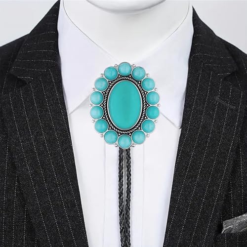 Image of GelConnie Bolo Tie for Men Women Western Cowboy Turquoise Leather Necktie | Natural Stone Bolo Tie Necklace for Women Rodeo Cowboy Leather Necktie Native American Western Cowgirl Ties Adjustable Cord