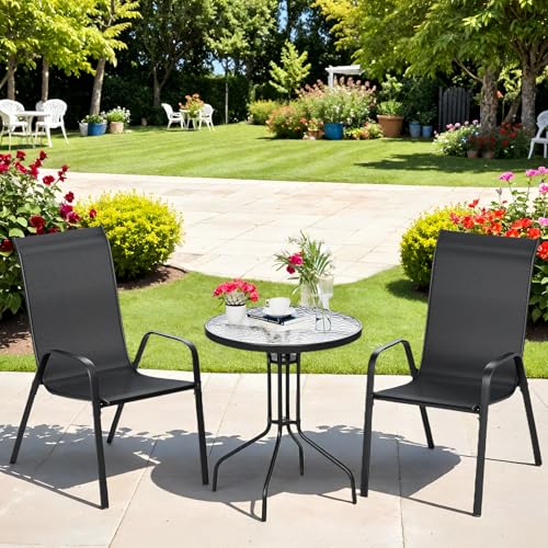 Clevich 3PCS Balkonmöbel Set, 2PCS Stapelbare Hochlehner Gartenstühle aus Textilene & Tisch Rund mit Sicherheitsglas, Wetterfest Gartenmöbel Set, Bistroset Kleiner für Balkon Terrasse Pool Schwarz