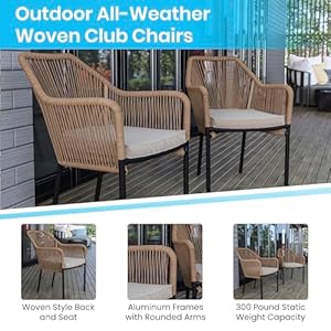 Taylor logan kyla set of 2 all weather natural woven stacking club chairs with rounded arms ivory zippered seat cushions  urban country home decor