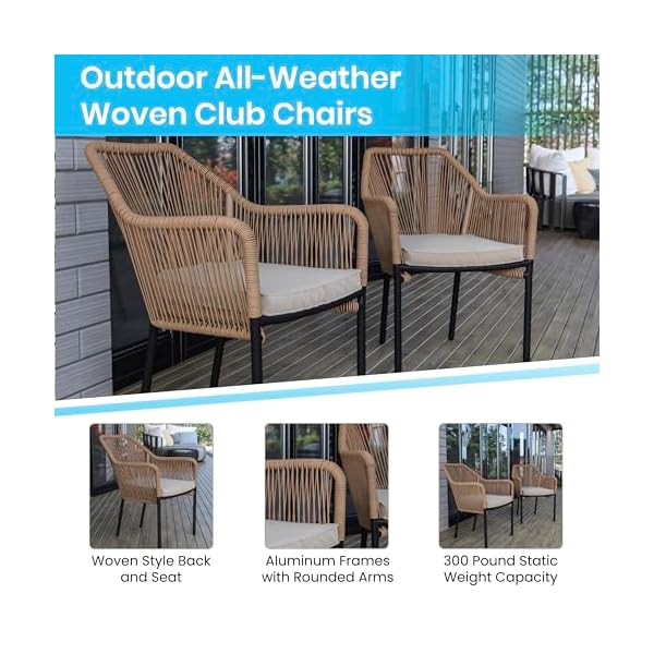 Taylor logan kyla set of 2 all weather natural woven stacking club chairs with rounded arms ivory zippered seat cushions  urban country home decor