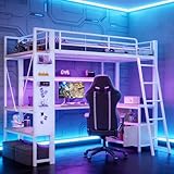 Cama alta de 90 x 200 cm con tira de luz LED y puerto USB, sin colchón