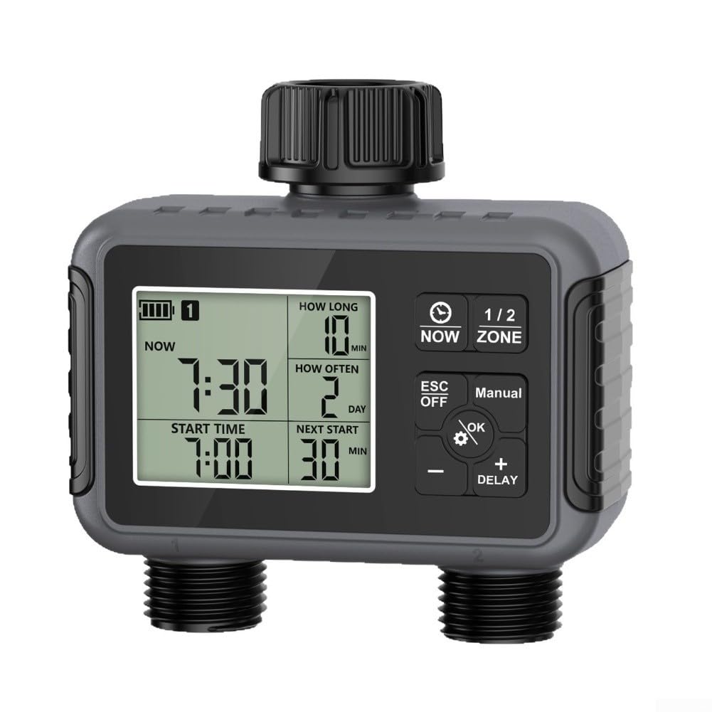 Temporizador de riego impermeable IPX5 con 2 salidas independientes, control de riego de jardín programable, frecuencia ajustable de 1 hora a 15 días, función de retardo de lluvia para riego
