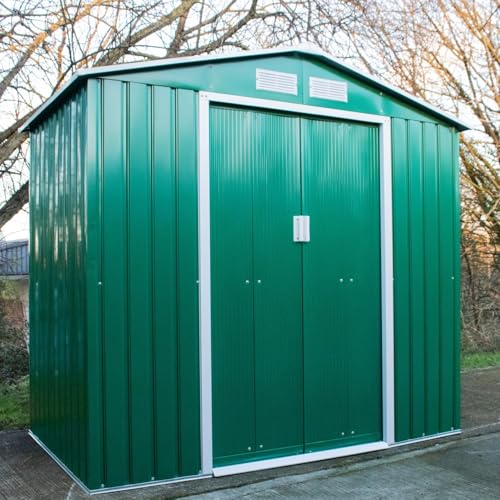 Caseta de jardín de Acero BPS® Deluxe para Exteriores con Techo a Dos Aguas | Fácil Montaje | Recubrimiento en Polvo | Cuatro ventilaciones | 2,13 m x 1,22 m (Verde)