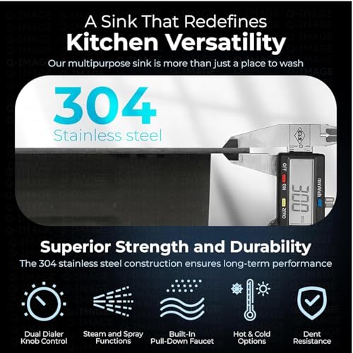 Image of 304 Grade Multifunction Kitchen Sink 30'' x 18'' x 10'' with Integrated Waterfall & Pull-down Faucet Set-Stainle (30X18X9 INCH)