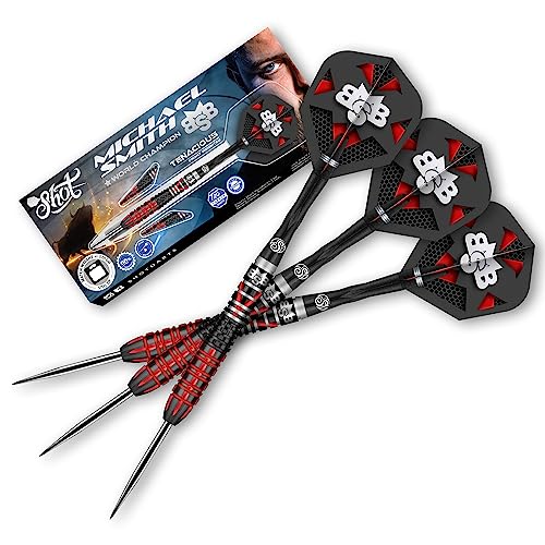 Shot! Darts Michael Smith Tenacious Front Weighted 90% Tungsten Pro Throwing Darts Steel Tip Set Professional Made in New Zealand Designed Dart Flights for Women & Men Metal Tip Bar Darts for Adults
