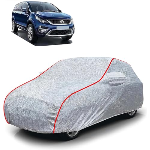 Image of Sulfar 100% Waterproof Car Body Cover Compatible with Mirror for Tata Hexa (Triple Stitched, Full Bottom Elastic, Magic Silver with Red Piping)