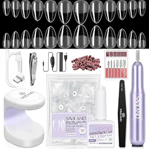 SAVILAND Pro Gel Nail Kit with Drill: Short Almond Tips 12 Sizes Gel Nail X Kit 500 PCS Strong Nail Glue U V Nail Lamp for Nail Extension Salon DIY Home Gift for Women