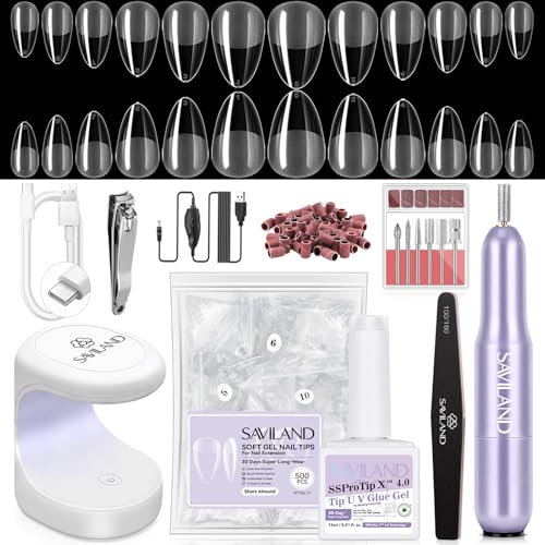 SAVILAND Pro Gel Nail Kit with Drill: Short Almond Tips 12 Sizes Gel Nail X Kit 500 PCS Strong Nail Glue U V Nail Lamp for Nail Extension Salon DIY Home Gift for Women