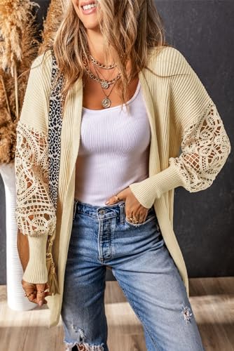 Women's Apricot Crochet Lace Sleeve Ribbed Knit Cardigan2