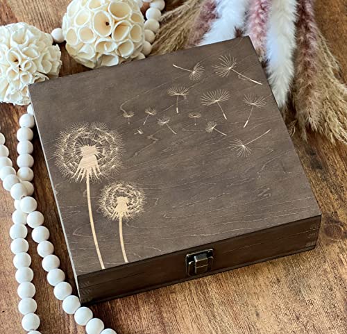 Dandelions Wooden Box Flowers Gift For Her Best Friend Gif, Spring Boxes Keepsake Box Anniversary Memory Box Engraved Box 8.5 X 8 X 2.5 In. Dark Walnut #TOP17