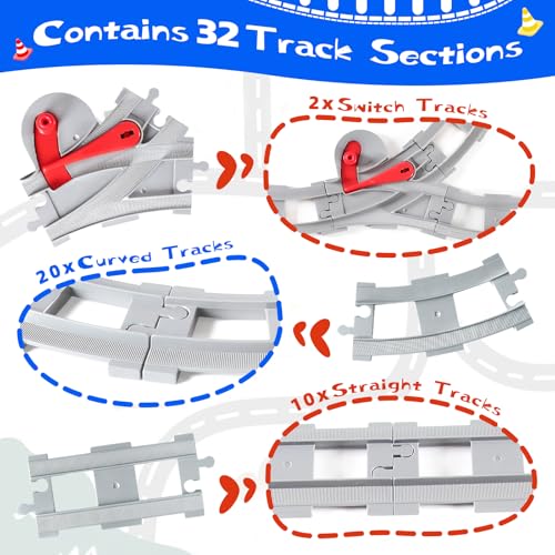 Bausteine Zug Schienen Set, 32PCS Spielzeug Eisenbahnschienen, City Zug Schienen Set mit Cross Track, Gerade und Kurven Schienen, Kompatibel mit dem Marktführer, Geschenk für Jungen Mädchen