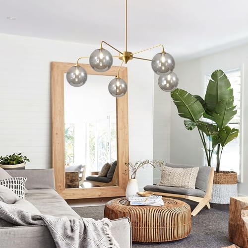 Image of 5-Light Gold Sputnik Chandelier, Mid Century Modern, Smoke Gray Glass Shade, Kitchen, Dining, Bedroom, 38.6 inch L x 30.7 inch H