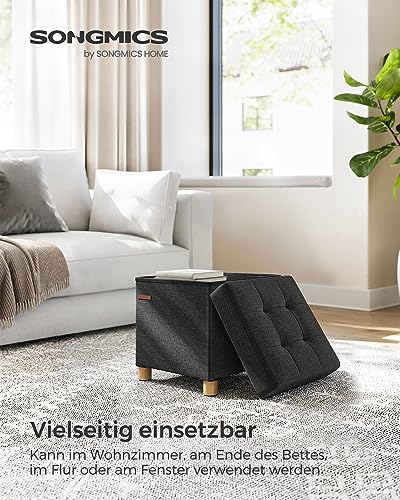 SONGMICS Sitzhocker mit Stauraum, kleine klappbare Sitzbank, 38 x 38 cm Fußbank, Aufbewahrungsbox, bis 300 kg belastbar, für Wohnzimmer Schlafzimmer Schlafsaal, tintenschwarz LSF014B11