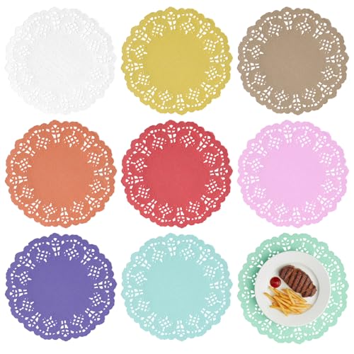 Grevosea 180 tapetes de papel, tapetes redondos de papel de encaje de 3.5 pulgadas, 9 colores absorbentes de aceite, manteles individuales para manualidades, bodas, fiestas y decoración de vajilla