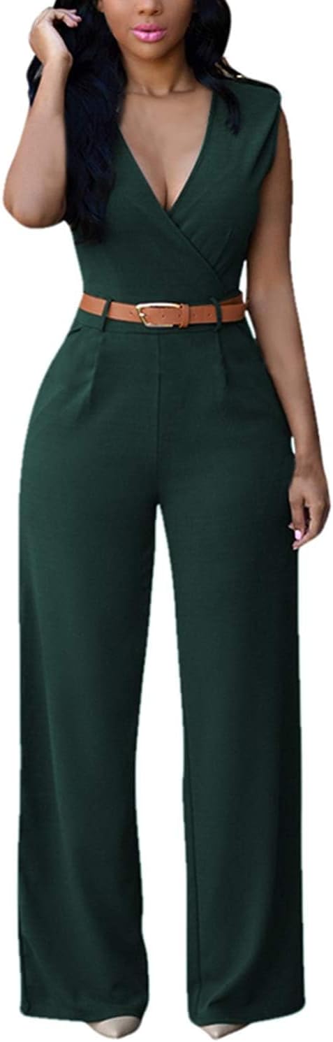 Pink Queen Jumpsuits for Women Dressy V Neck Sleeveless Wide Leg Long Pant Rompers Business Casual Outfits