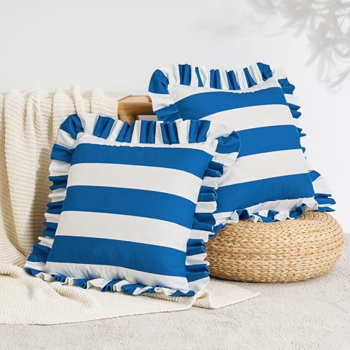 MONDAY MOOSE Decorative Throw Pillow Covers, Set of 2 Water-Resistant Striped Design with Ruffle Edge for Outdoor/Indoor Use, Pillow Inserts Not Included (18x18 inch, White/Blue) by MONDAY MOOSE - Used condition - US$22.32