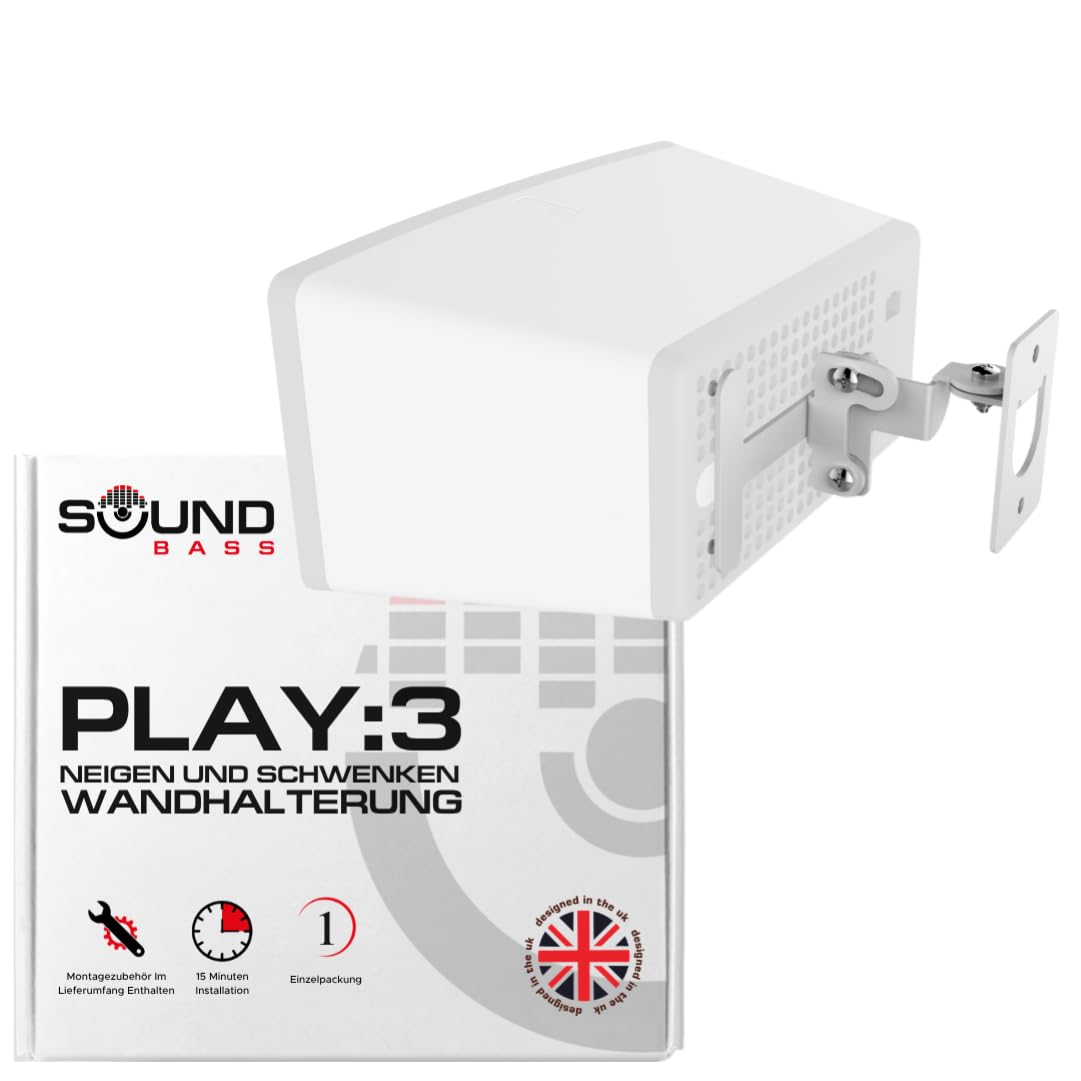 Sound bass Play 3 Wandhalterung, Verstellbarer Dreh- und Neigungsmechanismus, Einzelhalterung mit Befestigungsmaterial, Weiß, kompatibel mit Sonos Play: 3 Lautsprecher In Großbritannien entwickelt