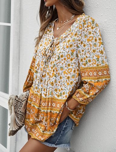 KAYWIDE Women's Casual Boho V Neck Top Loose Floral Printed Long Sleeve Beach Shirts Blouses3