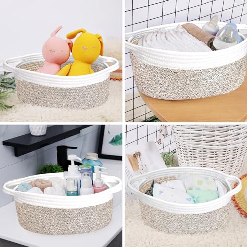 Image of ABenkle Small Basket with Handles, Boho Decorative Rope Woven Dog Cat Toy Storage Bin Shelf Storage Organizer, Easter Christmas Gift Basket, 12 inchx8 inchx5 inch, Mixed Brown