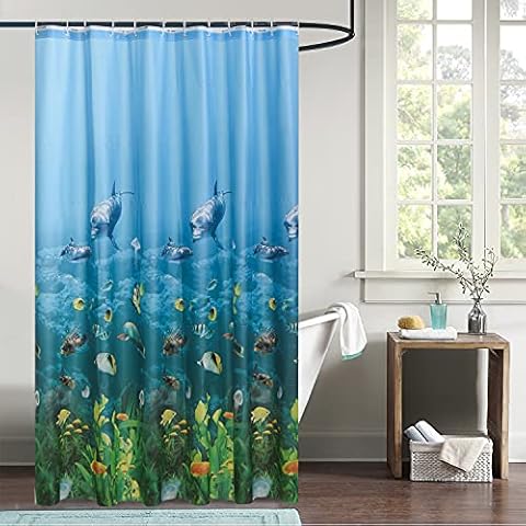 Shower Curtains Mould-free Mildew Resistant Bath Curtain with Stitched Steel Eyelets Waterproof Polyester Fabric Bathroom Curtains with 12 Hooks, 180 x 180 cm (Dolphins) Cover