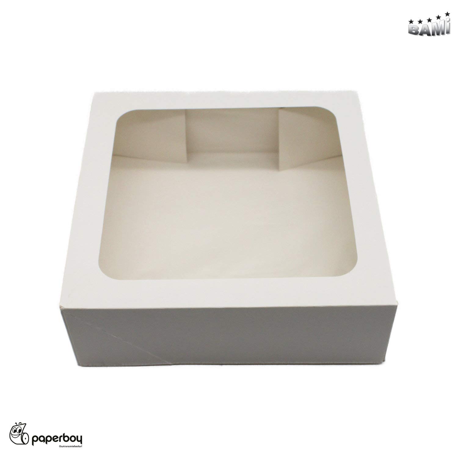 BAMI Tortenkarton | Kuchenkarton | Konditorkarton | Tortenbox | Vollpappe, weiß mit Sichtfensterdeckel 30x30x8cm | 30 Stück
