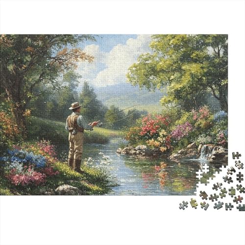 Puzzle 1000 piezas Fisherman in Serene River, entretenimiento familiar de 52 x 38 cm