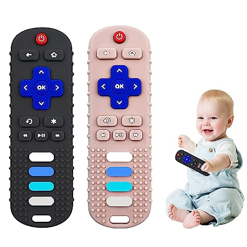 Image of ERSIHUA 2-Pack Baby Teething Toys-TV Remote Control Shape Silicone Infants Teething Toys for Babies 0-18 Months,BPA-Free (L-Black+Khaki)