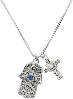 Hamsa Hand with Blue Crystal Scroll Cross Necklace, 18"+2"