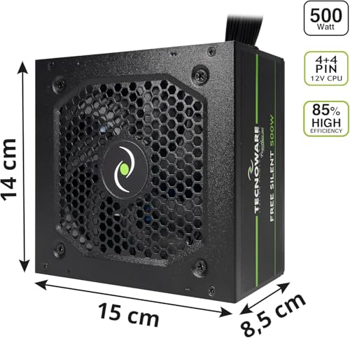Tecnoware Alimentatore ATX Free Silent 500, Ventola Silenziosa 12 cm, ottimale per ricambistica, Protezione Sovratensioni, 2 x SATA, 1 x 24 Poli, 1 x 12V 4+4 Poli, 2 x Molex, Certificazione CE e Rohs - Alimentatore - Immagine 1