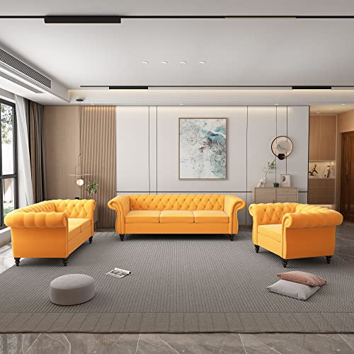 Image of ORRD 3 Piece Living Room Set, Velvet Chesterfield Sofa Loveseat Couch Chair with Scroll Arms and Nailhead for Living Room, Office (Mango)