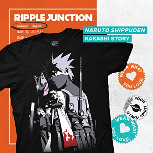 Ripple Junction Naruto Shippuden Men's Short Sleeve T-Shirt Kakashi Hatake Story Anbu Hokage Cloak Anime Black #TOP1