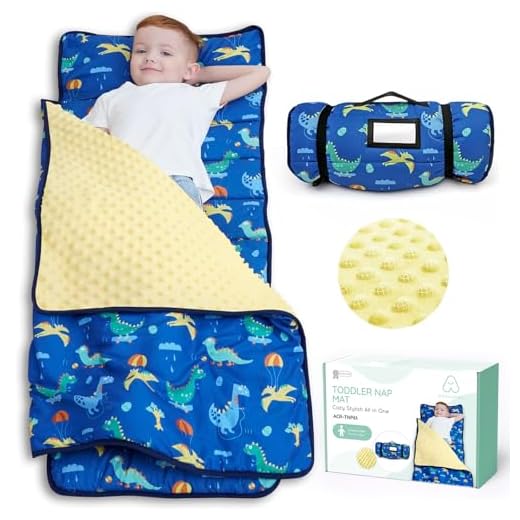 ACRABROS Toddler Nap Mat with Pillow and Blanket-53 x 21 x1.5 Inches,Extra Large,Rolled Napping Mats for Toddlers Boys Girls,Kids Sleeping Bag for Daycare, Preschool,Travel,Camping, Dinosaur
