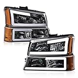 PIT66 LED Headlight, Compatible with 03-06 Chevy Silverado 1500 2500 3500 HD Model/03-06 Avalanche 1500 2500(Fit No Cladding only) Clear Lens Chrome Housing Amber Corner