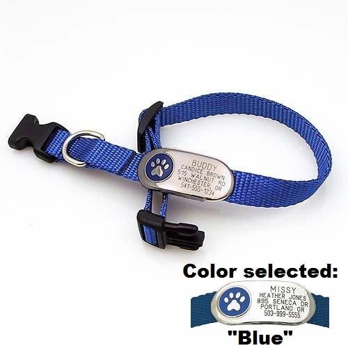 Luckypet Jewelry Id Collar - Personalized Jewelry Pet Id Tag Attached To An Adjustable Nylon Collar - Color: Blue, Design: Paw, Collar Size: 1" X 12-18" #TOP21