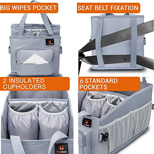 Image of Easy-to-Reach Kids Car Organizer with Tissue Box and Cup Holder for Back Seat, Front Seat, Between Seats, Floor - Tote Car Storage Organization for Toddlers - Kids Road Trip Travel Essentials (Grey)