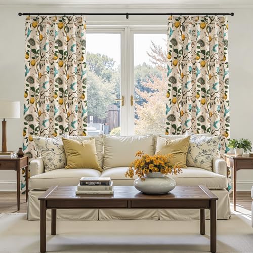 Image of Beige Kitchen Tier Curtains 36 Inches Long,Botanical Floral Lemon & Hummingbird Pinch Pleated Half Window Drapes Room Darkening for Kitchen RV Cafe Basement Bathroom Dining Room,2 Panels