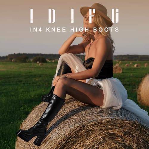 IDIFU IN4 Knee High Boots for Women Platform Gogo Boots Square Toe Chunky Block High Heel Tall Boots Ladies Disco Dress Long Boots Comfortable Fashion Sexy Dressy Pull On Calf High Thick Fall Boots2