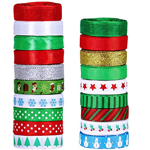 19 Rolls 95 Yard Christmas Ribbons Trims Printed Grosgrain Ribbons Multicolor Organza Ribbons Satin Ribbons Metallic GlitterÂ Ribbons 3/8" Wide for Winter Holiday Festival Season Gift Wrapping Party