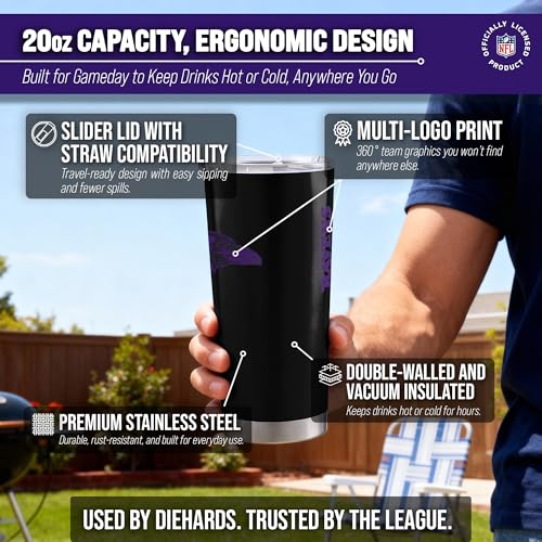 Image of Baltimore Ravens NFL 20oz Stainless Steel Insulated Tumbler, Slider Lid | Officially licensed Ravens drinkware; double-wall vacuum construction; cupholder compatible; BPA-free; hand wash only