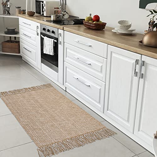 Collive Small Bathroom Rug, 2' x 3' Hand-Woven Low Profile Front Entryway Rug, Tan Cotton Reversible Washable Kitchen Mat Modern Farmhouse Carpet for Foyer Bedroom Back Door Decor - Image 3