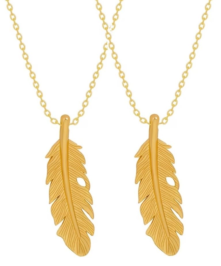 GenericUniqon (Pack Of 2 Pcs) Golden Plated Stainless Steel Stylish Unisex Trending Funky Leaf Plume Feather/Pankh Tail Charm Locket Pendant Necklace With Clavicle Chain