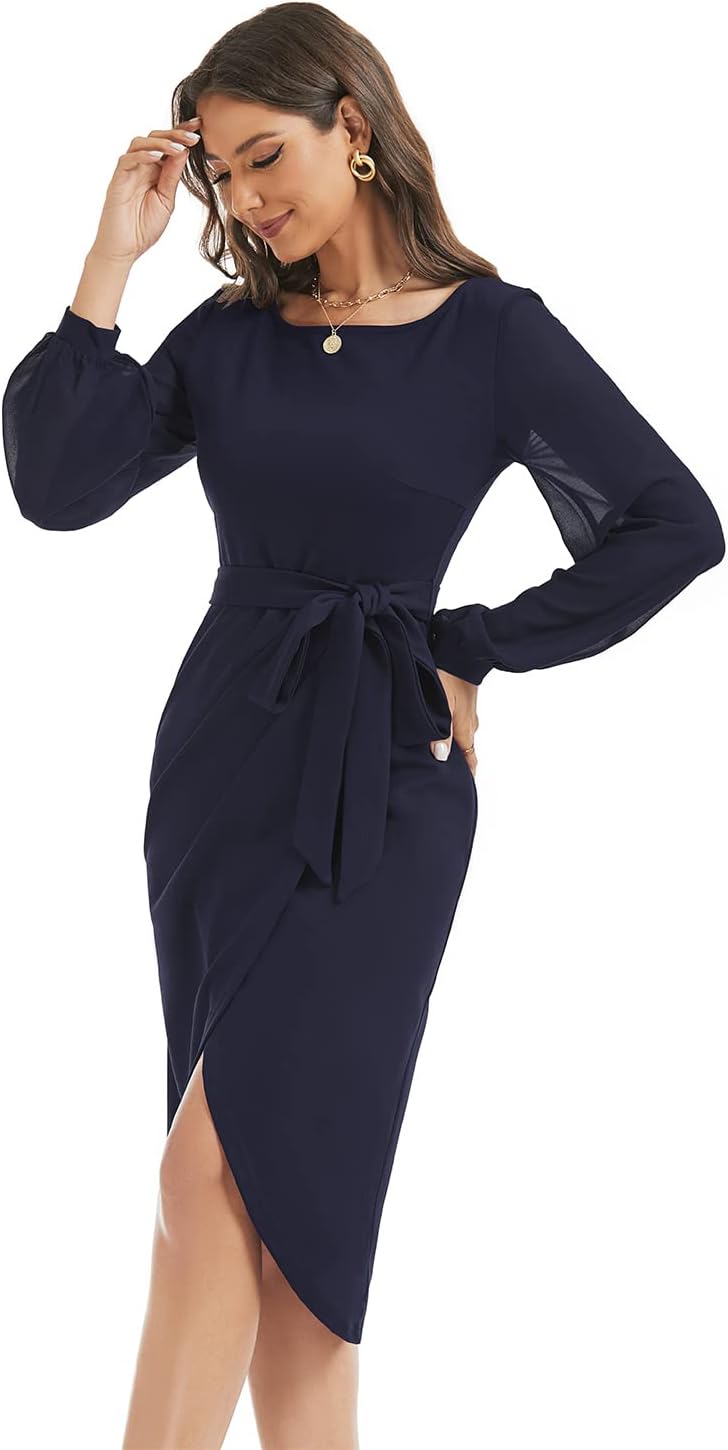 HELYO Women's Elegant V-Back Chiffon Long Sleeve Sheath Dresses Belted Ruched Casual Work Cocktail Party Midi Dress - Image 6