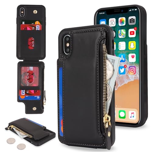 Cavor for iPhone X iPhone Xs Case with Card Holder,iPhone X Wallet Case for Women Men,Phone Case iPhone Xs Case with Wallet,Leather Magnetic Clasp Zipper Pocket Card Slots Cover-Black