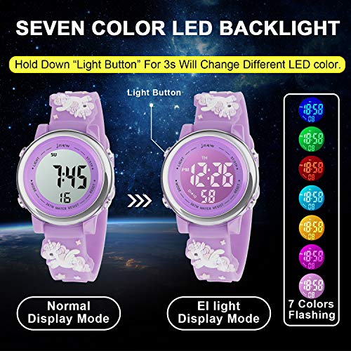 Kids Watch 3D Cartoon Toddler Wrist Digital Watch Waterproof 7 Color Lights with Alarm Stopwatch for 3-10 Year Boys Girls Little Child (Unicorn L-Purple)4
