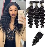 Peruvian Loose Deep Wave Bundles with Closure, (16''18'20'+14Closure)8A Peruvian Virgin Hair Loose Deep Hair Bundles with 4X4 Free Part Top French Lace Closure Natural Black